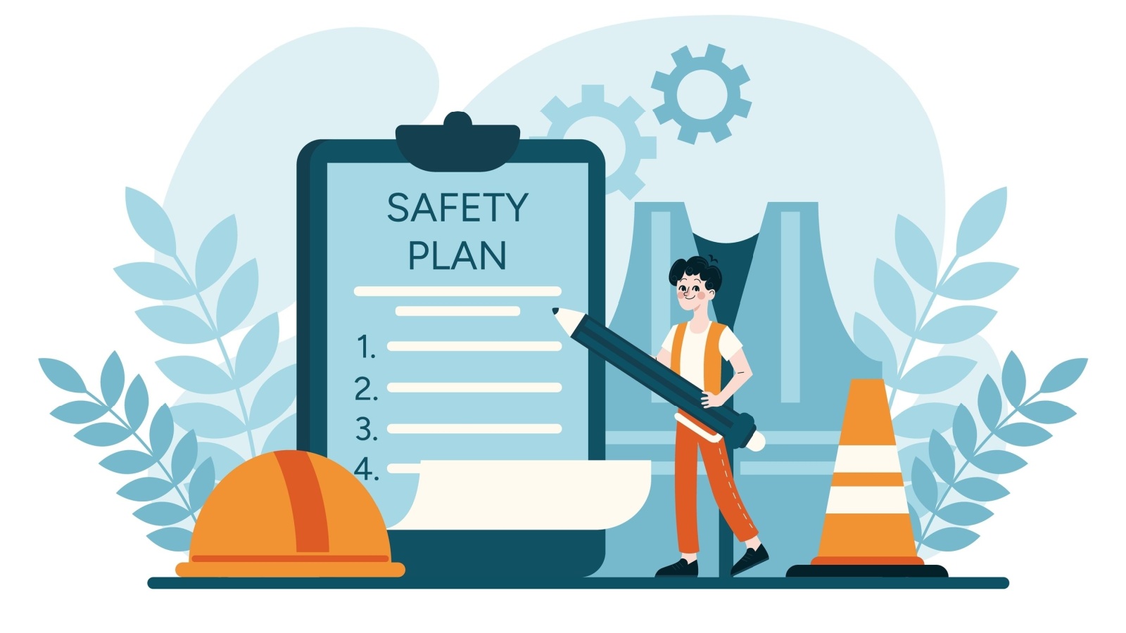 a cartoon image of a construction working writing up a safety plan